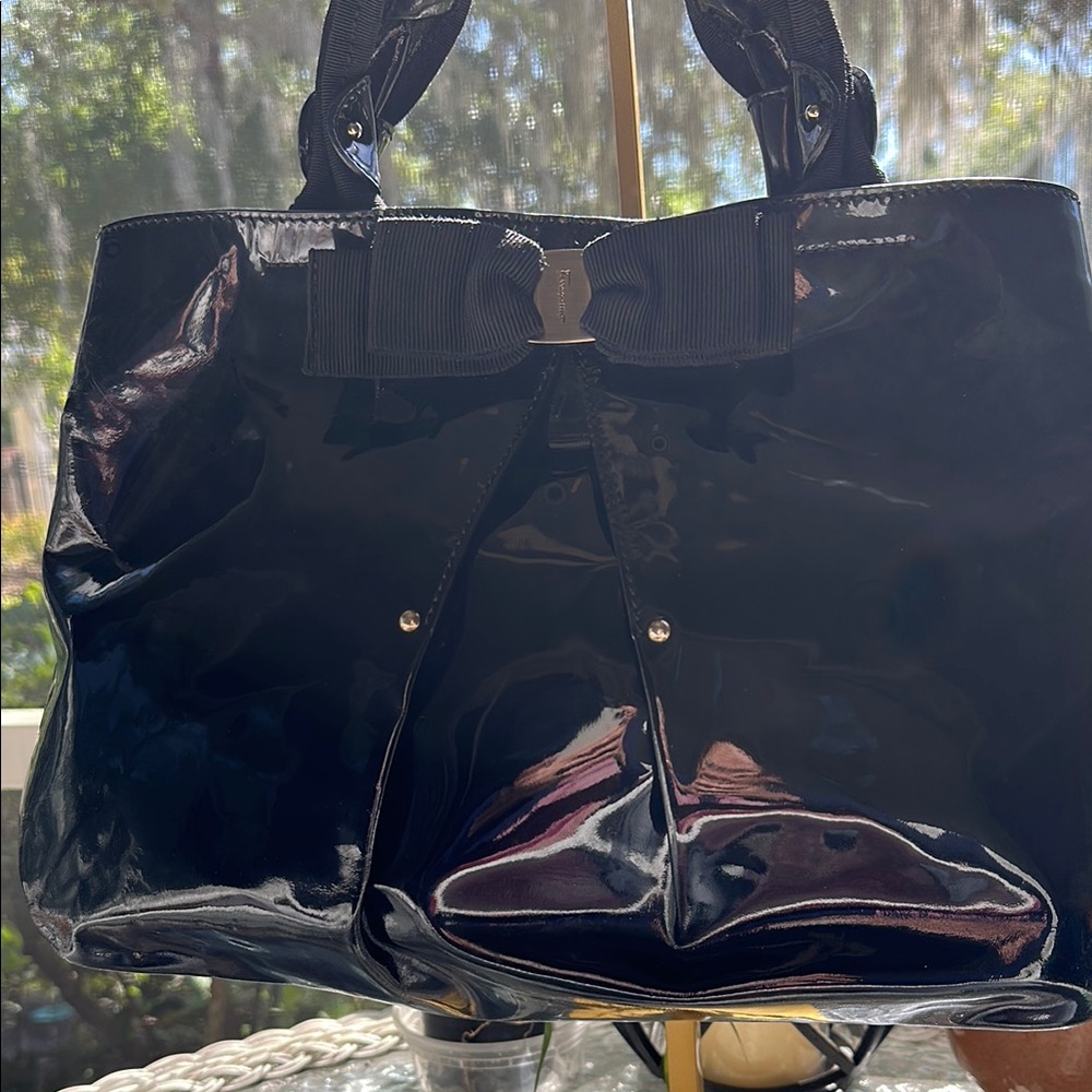 Salvatore Ferragamo Elegant Black Patent Leather Tote Bag